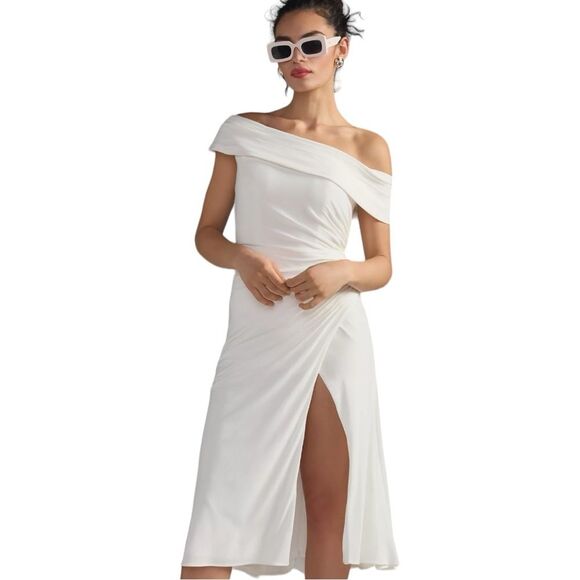 IEENA For Mac Duggal Anthropoligie Off-the-Shoulder Front-Slit Dress White NWT 2 - Picture 1 of 9